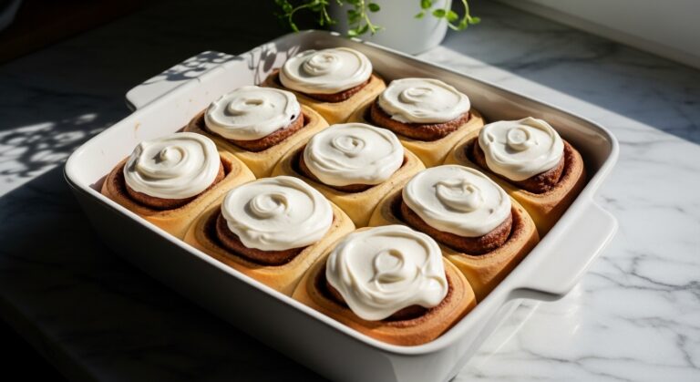 A delicious, perfectly baked batch of golden-brown gluten free cinnamon rolls with abundant, creamy white cream cheese frosting, artfully spread across the top in a minimalist white ceramic baking dish. The rolls are arranged neatly, showcasing their swirls. The scene is bathed in natural morning light from an east window, casting soft shadows on marble countertops. Fresh herbs are visible in a small pot in the background. The presentation is clean, tidy, and exudes warmth, without any visible hands.
