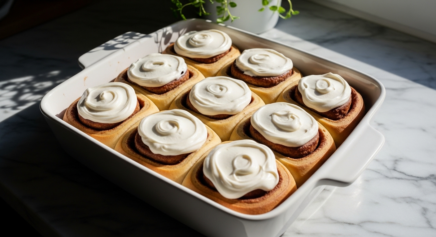 A delicious, perfectly baked batch of golden-brown gluten free cinnamon rolls with abundant, creamy white cream cheese frosting, artfully spread across the top in a minimalist white ceramic baking dish. The rolls are arranged neatly, showcasing their swirls. The scene is bathed in natural morning light from an east window, casting soft shadows on marble countertops. Fresh herbs are visible in a small pot in the background. The presentation is clean, tidy, and exudes warmth, without any visible hands.