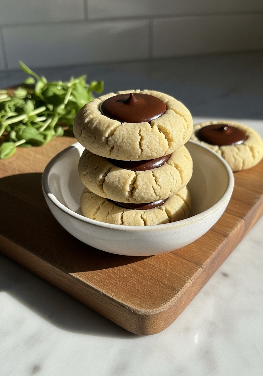 A delicious close-up, slightly elevated shot of a stack of three Gluten-Free Espresso Thumbprint Cookies on a small ceramic bowl on the same wooden cutting board, showcasing their rich chocolate ganache and inviting texture, bathed in natural morning light with soft shadows and a warm tone. Fresh herbs are visible in the background on the marble countertop. No hands visible.