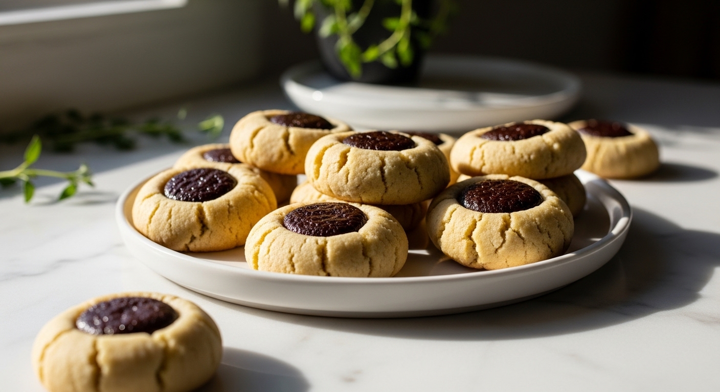 A mouth-watering display of golden brown Gluten-Free Espresso Thumbprint Cookies, beautifully arranged on a minimalist white plate on marble countertops, with soft natural morning light illuminating from an east window. Fresh herbs are subtly visible in the background, creating a warm, inviting scene with soft shadows and a clean, tidy presentation. No hands visible.