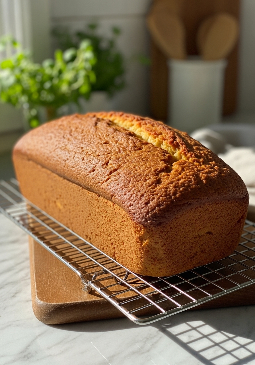 A close-up, slightly elevated shot of the full, golden-brown gluten free honey cake loaf cooling on a wire rack, which is placed on the wooden cutting board on the marble countertop. Natural morning light casts soft shadows, emphasizing the rustic texture of the loaf's crust. Fresh herbs are visible in the background, maintaining the clean, tidy, warm-toned kitchen aesthetic.