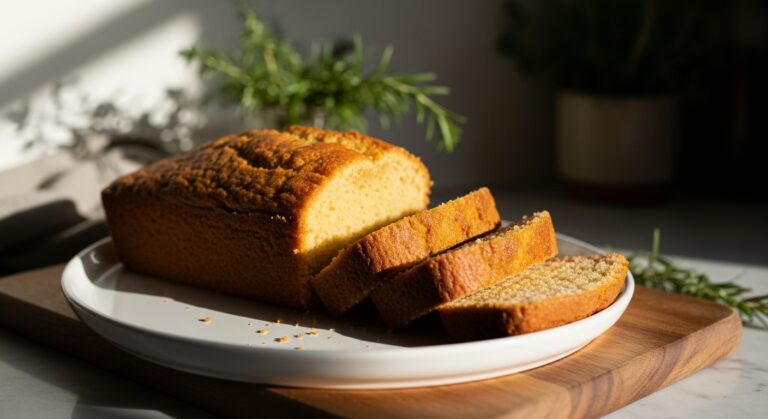 A beautifully golden brown gluten free honey cake loaf, perfectly sliced and arranged on a minimalist white plate, resting on the wooden cutting board. The scene is bathed in natural morning light from an east window, highlighting its moist, tender crumb. Fresh herbs, like a sprig of rosemary, are artfully blurred in the background, adding warmth and a touch of green. Soft shadows and warm tones create a cozy, inviting atmosphere on the marble countertop.