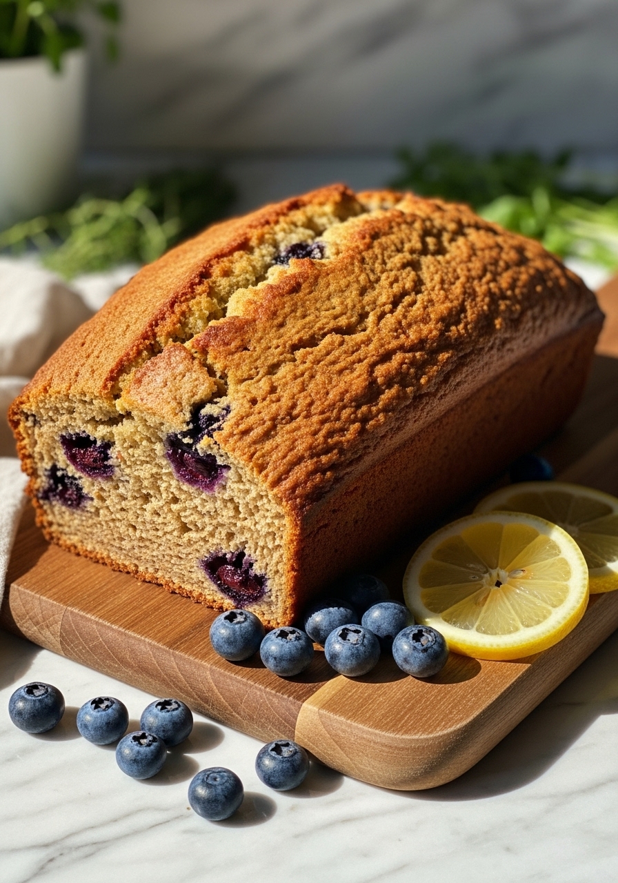 A beautifully presented whole Gluten Free Lemon Blueberry Bread loaf, slightly angled, on a wooden cutting board with a scattering of fresh blueberries and lemon slices next to it. Natural morning light creates soft shadows on the marble countertops, with fresh herbs subtly in the background. The loaf is golden brown with a delicious crumb texture. No hands.