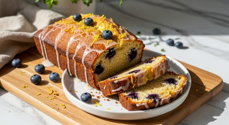 A beautifully composed hero shot of a golden brown, delightfully appealing Gluten Free Lemon Blueberry Bread loaf, glazed and sprinkled with fresh lemon zest and a few whole blueberries. It is sliced on a minimalist white plate on the same wooden cutting board, catching natural morning light that creates soft shadows on the marble countertops. Fresh herbs are visible in the background, maintaining a clean and tidy presentation with warm tones. No hands.