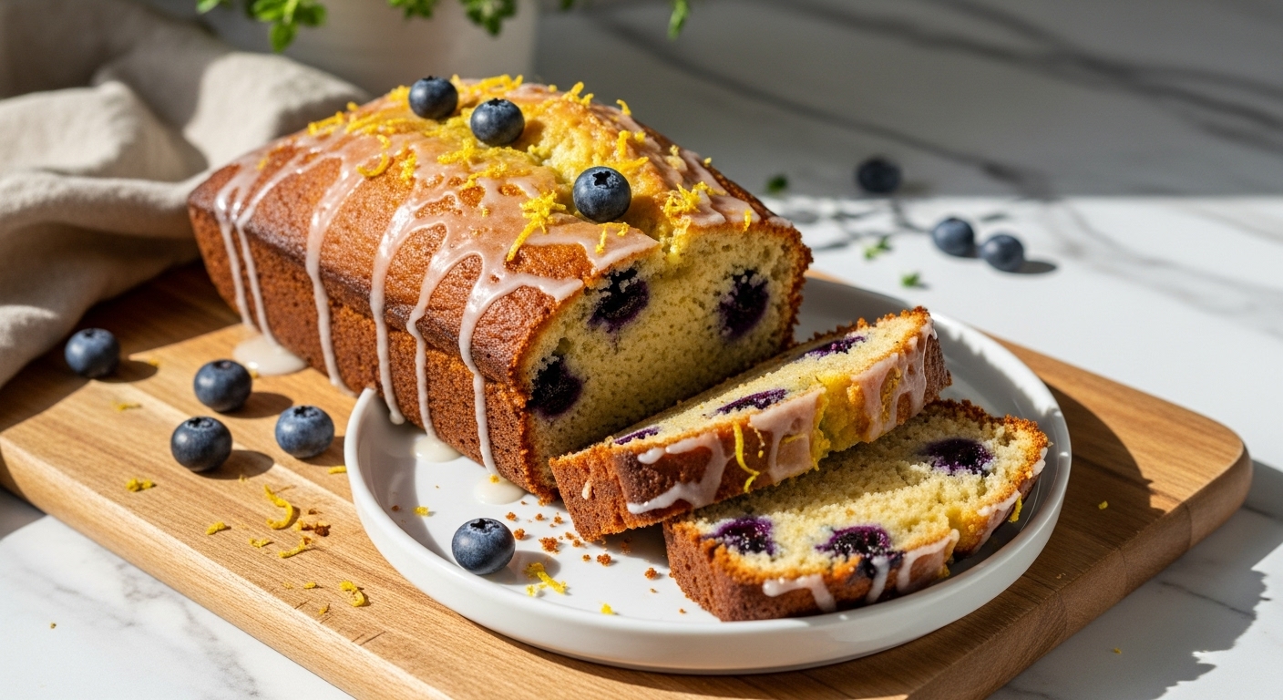 A beautifully composed hero shot of a golden brown, delightfully appealing Gluten Free Lemon Blueberry Bread loaf, glazed and sprinkled with fresh lemon zest and a few whole blueberries. It is sliced on a minimalist white plate on the same wooden cutting board, catching natural morning light that creates soft shadows on the marble countertops. Fresh herbs are visible in the background, maintaining a clean and tidy presentation with warm tones. No hands.