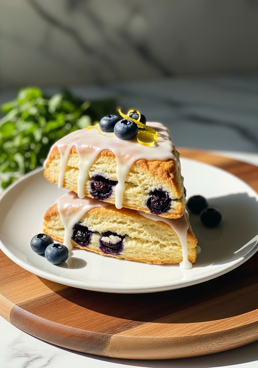 A close-up, slightly elevated shot of a stack of two freshly baked Gluten-Free Lemon Blueberry Scones, glazed and garnished with a few fresh blueberries and a sliver of lemon zest, placed on a minimalist white plate on the same wooden cutting board, with marble countertops and natural morning light illuminating the scene. A small bunch of fresh herbs is artfully blurred in the background, creating a delicious and appealing image. No hands.