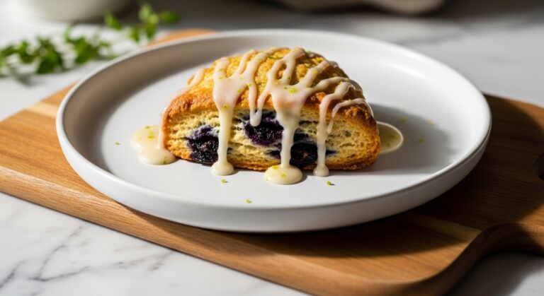 A beautifully plated Gluten-Free Lemon Blueberry Scone, drizzled with zesty glaze, sitting on a minimalist white plate on a wooden cutting board against a marble countertop. Natural morning light casts soft shadows. Fresh herbs are visible in the soft background. The scone shows a golden brown exterior and hints of blueberries. Mouth-watering and inviting, with warm tones, clean and tidy presentation. No hands.
