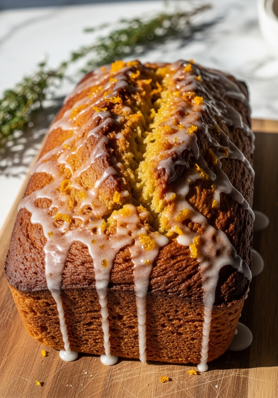A close-up, slightly elevated shot of a full Gluten-Free Orange Cardamom Bread loaf, still warm, with a delicate orange glaze drizzled over it and specks of orange zest. It rests on the wooden cutting board. The background features the soft, natural morning light on the marble countertops, with fresh thyme subtly placed to enhance the warm, inviting tones. No hands or people.