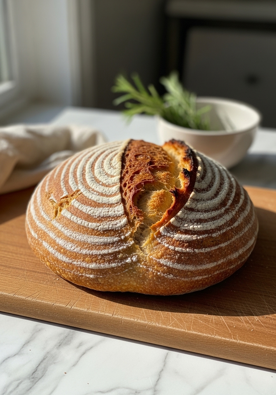 A whole, unsliced artisan-style Gluten Free Rosemary Bread loaf, with its perfectly crispy, golden-brown crust, resting on the same wooden cutting board on marble countertops. A ceramic bowl with a few fresh rosemary sprigs is subtly in the background, bathed in natural morning light from the east window, capturing soft shadows and warm tones, clean and tidy presentation, without any hands or people.