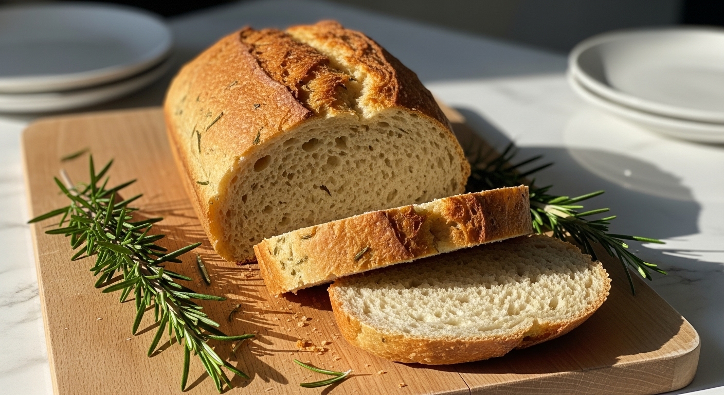 A beautifully golden-brown, rustic loaf of Gluten Free Rosemary Bread, sliced to reveal its airy, soft interior. It's perfectly positioned on the same wooden cutting board, with fresh rosemary sprigs scattered nearby, bathed in natural morning light from the east window. The background features minimalist white plates and subtle marble countertops, showcasing soft shadows and warm tones, clean and tidy presentation, without any hands or people.