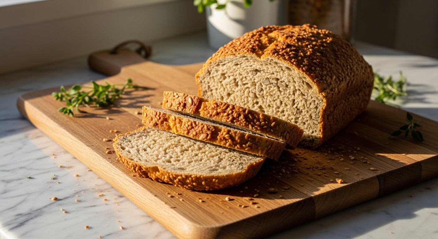 A beautifully sliced, golden-brown Gluten-Free Seeded Bread loaf, showcasing its tender, seed-packed interior on the same wooden cutting board. It's arranged on marble countertops with fresh herbs visible in the soft morning light from the east window. The scene is clean, tidy, with warm tones and soft shadows, emphasizing a delicious and inviting presentation.