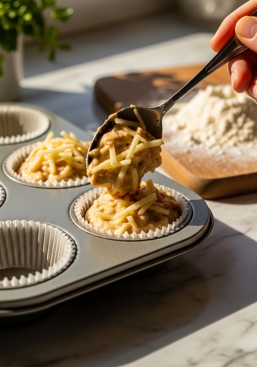 A close-up shot of muffin batter, rich with grated apple pieces and a hint of cinnamon, being spooned into a paper-lined muffin tin, with a slight dusting of whole wheat flour visible on the wooden cutting board nearby. The scene is illuminated by natural morning light from the east window, creating soft shadows and warm tones on the marble countertops. Fresh herbs are subtly visible in the background, out of focus. No hands.