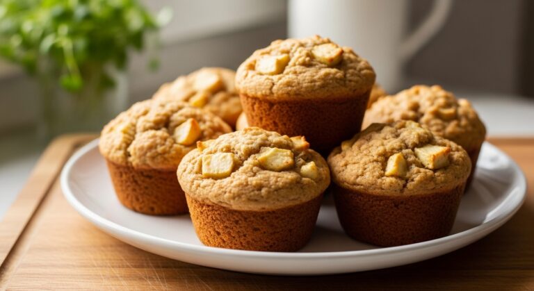 A beautifully arranged shot of several golden brown, deliciously appealing Healthy Apple Cinnamon Muffins on a minimalist white plate, resting on the wooden cutting board. Natural morning light from the east window casts soft shadows. Fresh green herbs are visible in the soft-focus background, enhancing the clean and tidy presentation. Warm tones emphasize the inviting appeal of the muffins. No hands.