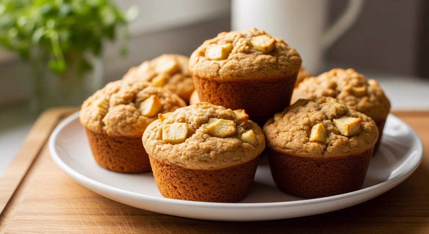 A beautifully arranged shot of several golden brown, deliciously appealing Healthy Apple Cinnamon Muffins on a minimalist white plate, resting on the wooden cutting board. Natural morning light from the east window casts soft shadows. Fresh green herbs are visible in the soft-focus background, enhancing the clean and tidy presentation. Warm tones emphasize the inviting appeal of the muffins. No hands.