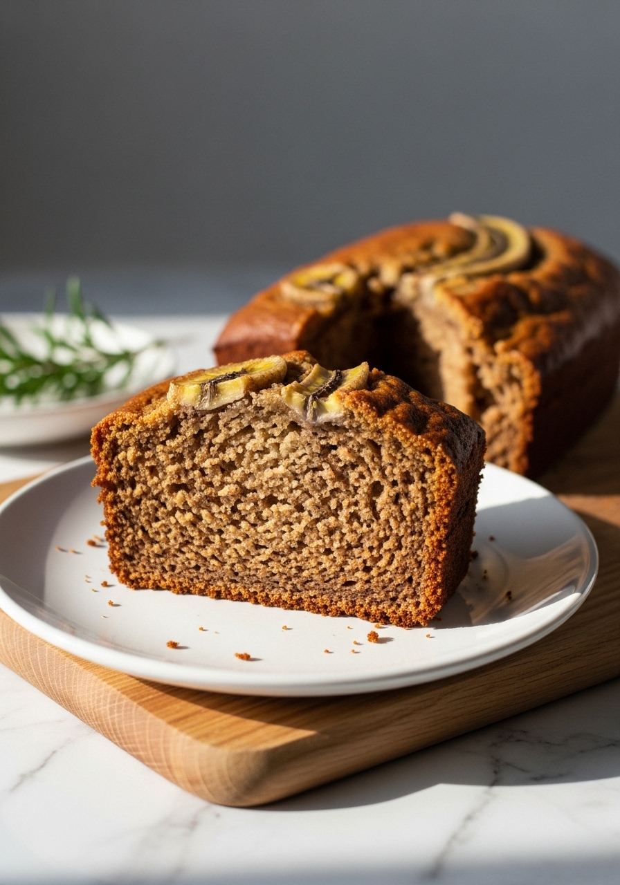 A rustic, warm slice of healthy banana bread, showcasing its moist, tender crumb and speckles of natural banana. The slice is artfully placed on a minimalist white plate, with the same wooden cutting board and a tiny sprig of fresh rosemary in the soft-focused background, all bathed in natural morning light on marble countertops. The scene exudes comfort and homemade charm.