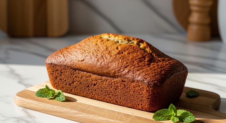 A beautifully baked loaf of healthy banana bread, golden brown and perfectly domed, resting on the same wooden cutting board, with a few fresh mint leaves scattered around. Soft shadows, warm tones, and natural morning light illuminate the marble countertops with wood accents in the background. The presentation is clean and tidy, emphasizing deliciousness.