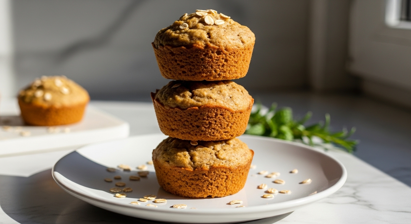 A beautifully arranged stack of three golden brown, deliciously appealing Healthy Banana Muffins on a minimalist white plate, garnished with a few scattered oats. The scene is bathed in soft natural morning light coming from an east window, highlighting the warm tones. A hint of marble countertop and a sprig of fresh mint or rosemary is visible in the background, with soft shadows. Clean and tidy presentation, without any hands.