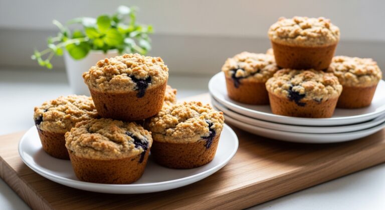 A beautifully arranged shot of golden-brown Almond Flour Blueberry Muffins on minimalist white plates, stacked artfully on the wooden cutting board. Fresh herbs, like a small sprig of mint, are subtly in the soft-shadowed background. Natural morning light from the east window highlights their deliciously appealing, crumbly tops with warm tones and a clean, tidy presentation. NO HANDS.