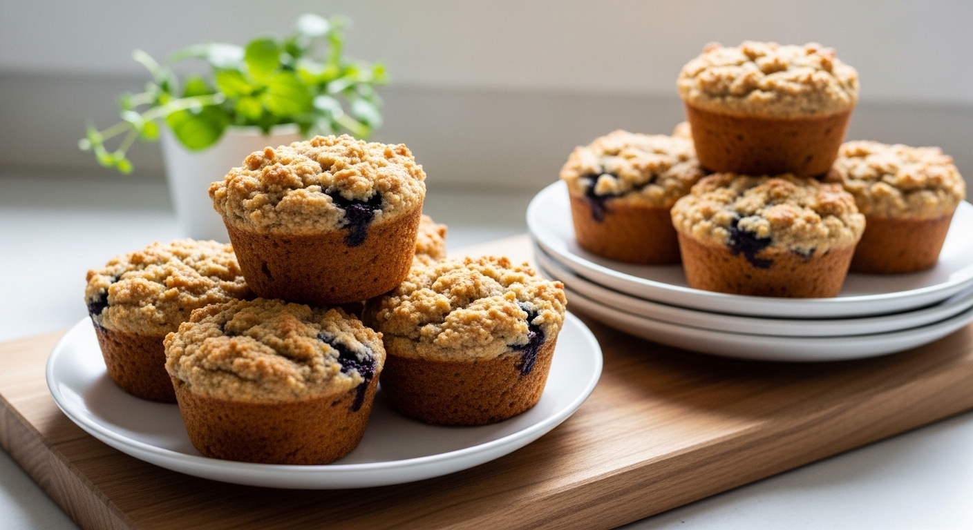 A beautifully arranged shot of golden-brown Almond Flour Blueberry Muffins on minimalist white plates, stacked artfully on the wooden cutting board. Fresh herbs, like a small sprig of mint, are subtly in the soft-shadowed background. Natural morning light from the east window highlights their deliciously appealing, crumbly tops with warm tones and a clean, tidy presentation. NO HANDS.