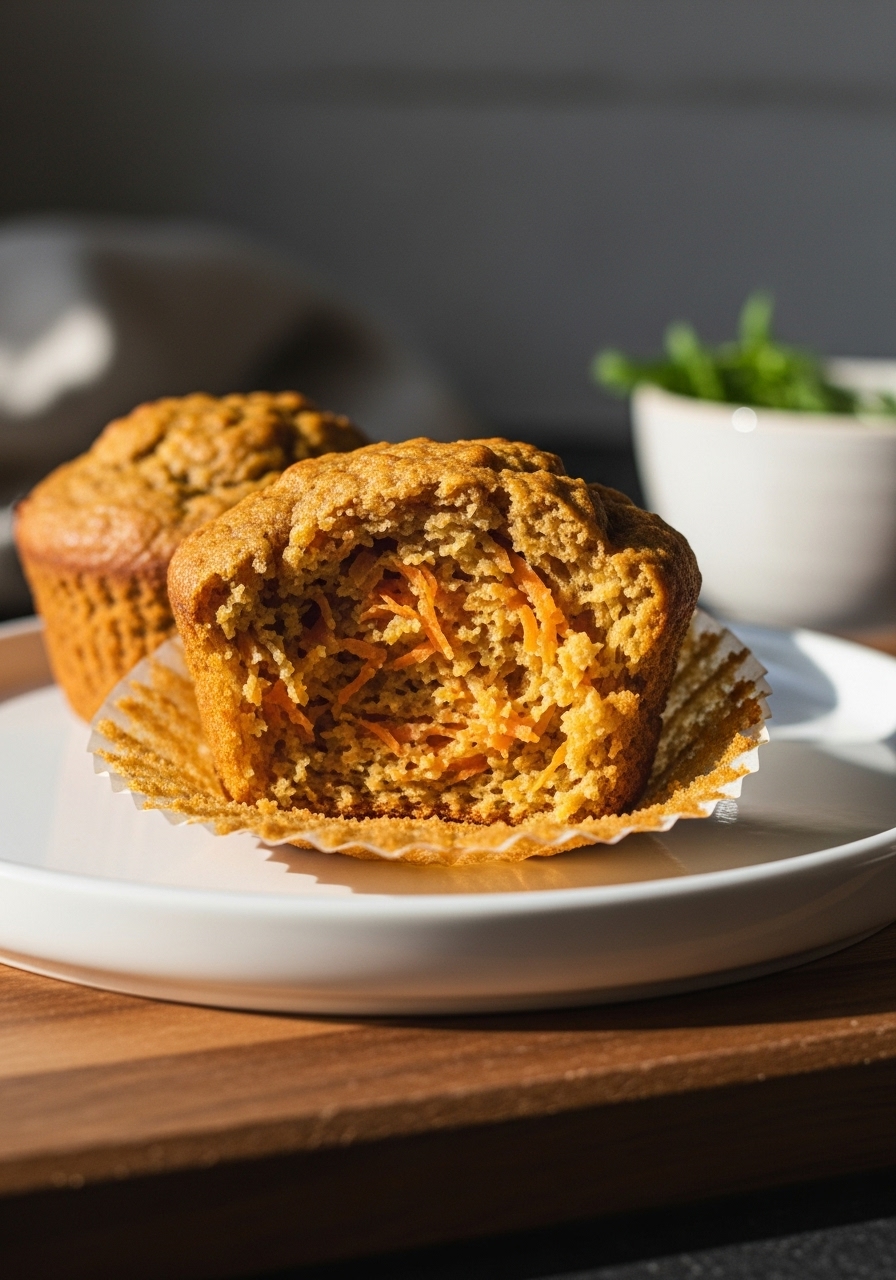 A close-up 3:4 shot of a single Healthy Carrot Muffin, broken open slightly to reveal its moist, tender interior packed with grated carrots. It rests on a minimalist white plate on the wooden cutting board. Natural morning light highlights the texture, with soft shadows and warm tones, and hints of fresh herbs in a ceramic bowl in the background. No hands.