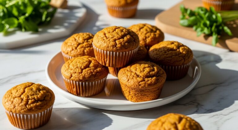 A beautifully styled 16:9 shot of several golden brown, deliciously appealing Healthy Carrot Muffins arranged artfully on a minimalist white plate on marble countertops with subtle wood accents in the background. Natural morning light casts soft shadows, and fresh green herbs are visible nearby, creating a clean, tidy, and warm presentation. No hands.