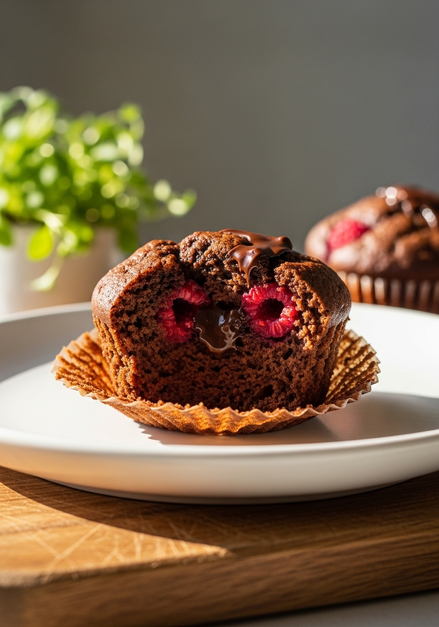A 3:4 shot of a single Healthy Chocolate Raspberry Muffin, just pulled apart slightly to show its moist, tender interior with visible raspberries and melted chocolate. It's on a minimalist white plate on the wooden cutting board, with soft natural morning light emphasizing its delicious texture. Fresh herbs are blurred in the background. No hands or people.