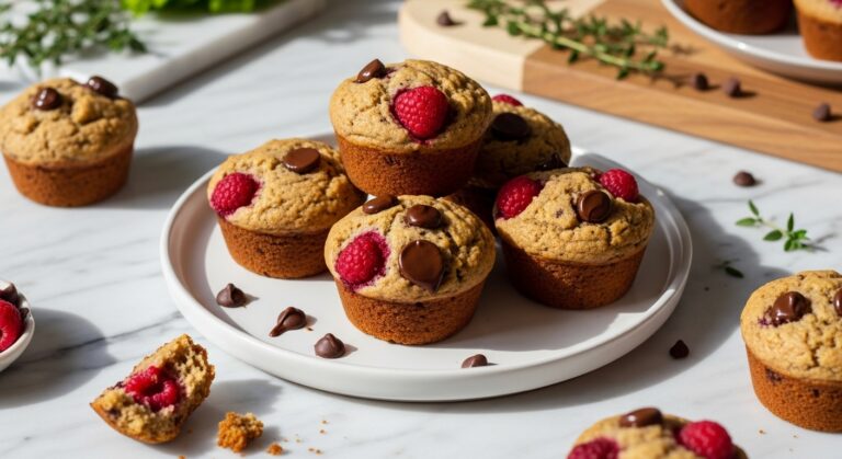 A beautifully arranged 16:9 hero shot of several warm, golden brown Healthy Chocolate Raspberry Muffins on a minimalist white plate, placed on marble countertops with wood accents. Natural morning light casts soft shadows. Fresh herbs are visible in the background, and a few artful crumbs scatter around the plate. The muffins have juicy raspberries and melted dark chocolate chips peeking out, looking insanely yummy. No hands or people.