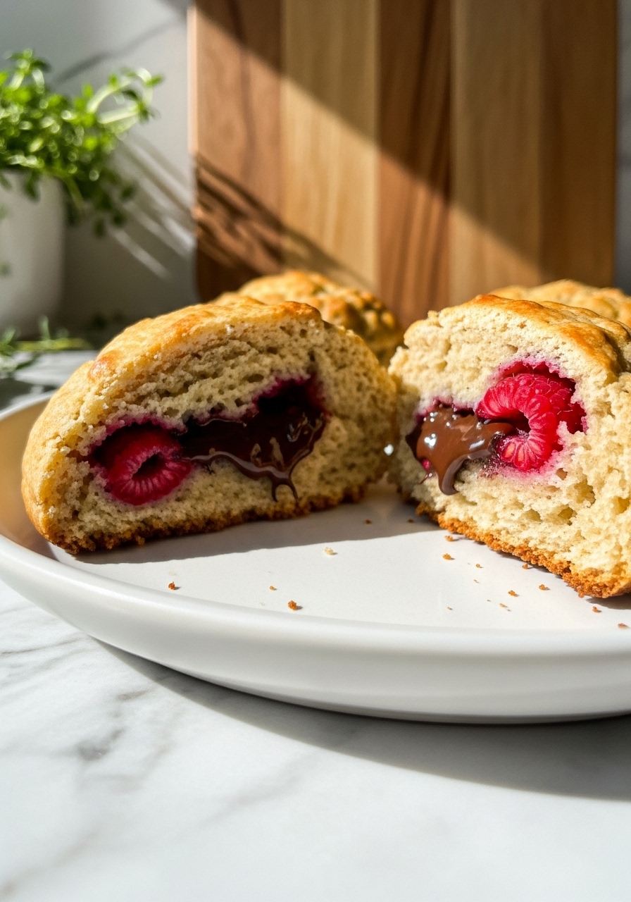 A close-up, slightly angled shot of a golden-brown healthy dark chocolate raspberry scone, split open to reveal its tender, crumbly texture, melted dark chocolate, and juicy red raspberries. The scone rests on a minimalist white plate on marble countertops, with the warm natural morning light accentuating its delicious appeal. Fresh herbs are visible in the soft-focus background, alongside the familiar wooden cutting board.