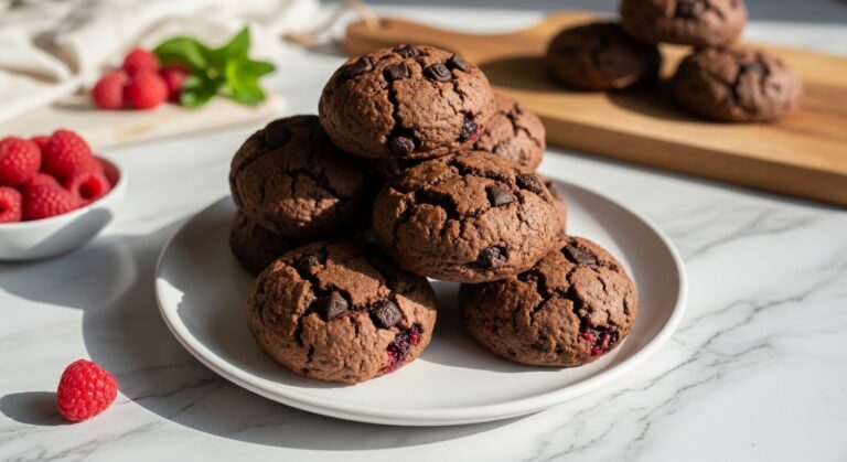 A beautifully arranged stack of several mouth-watering healthy dark chocolate raspberry scones on a minimalist white plate, placed on marble countertops with wood accents. Natural morning light streams from the east window, creating soft shadows. Fresh raspberries and a sprig of mint are subtly visible in the background, along with the same wooden cutting board. The presentation is clean, tidy, and exudes warm tones.