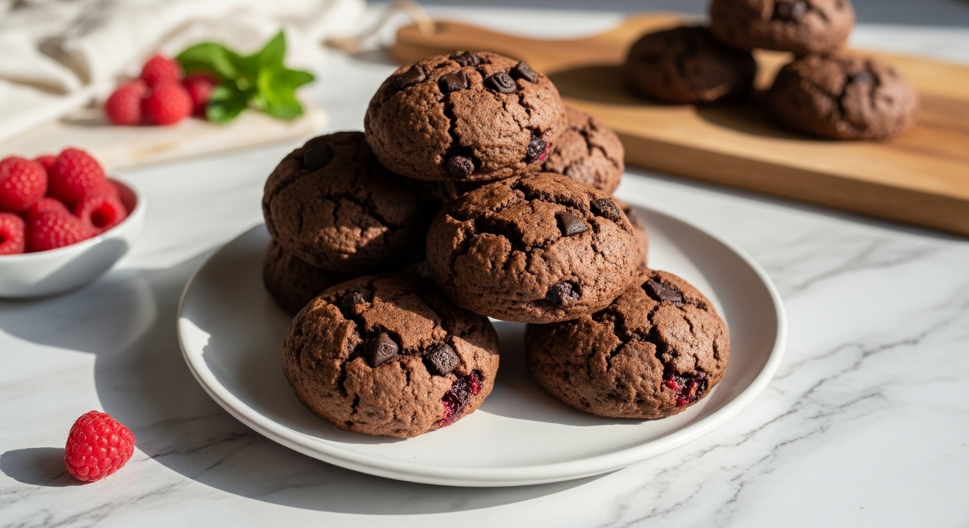 A beautifully arranged stack of several mouth-watering healthy dark chocolate raspberry scones on a minimalist white plate, placed on marble countertops with wood accents. Natural morning light streams from the east window, creating soft shadows. Fresh raspberries and a sprig of mint are subtly visible in the background, along with the same wooden cutting board. The presentation is clean, tidy, and exudes warm tones.