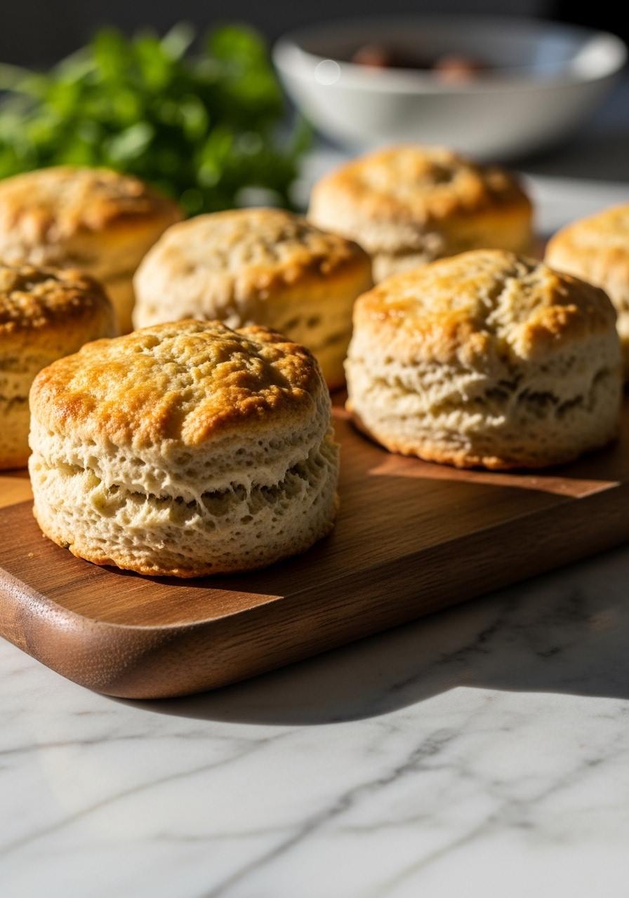 An inviting close-up of several baked Healthy Earl Grey Scones on the same wooden cutting board, slightly angled to show off their golden-brown tops and tender texture. The scene is bathed in natural morning light, highlighting the warm tones. Fresh herbs are blurred gently in the background, and the marble countertops are visible, maintaining the clean and tidy kitchen aesthetic.