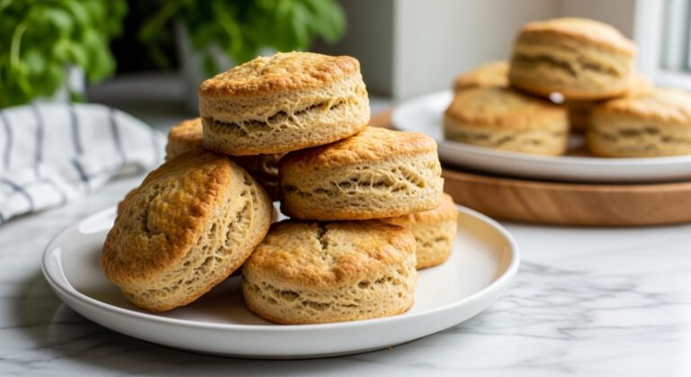 A beautifully plated stack of warm, golden brown Healthy Earl Grey Scones on a minimalist white plate, artfully arranged on marble countertops with subtle wood accents. Natural morning light streams in from an east window, casting soft shadows. Fresh green herbs are visible in the soft background, adding a touch of color and authenticity to this inviting scene. The scones appear deliciously appealing, with a hint of their flaky texture visible.