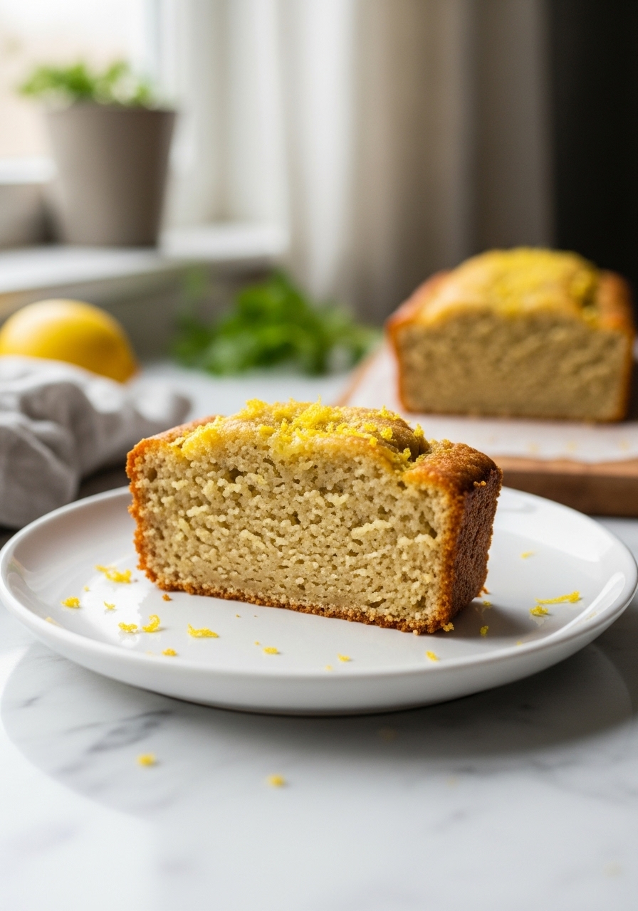A single, perfectly sliced piece of Healthy Lemon Loaf on a minimalist white plate, showcasing its incredibly moist, light texture and tender crumb. The slice is artfully arranged on the marble countertop under soft natural morning light from the east window, with fresh lemon zest sprinkled on top and a hint of fresh herbs in the background. The same wooden cutting board is subtly visible nearby, contributing to a clean and tidy presentation. NO HANDS.