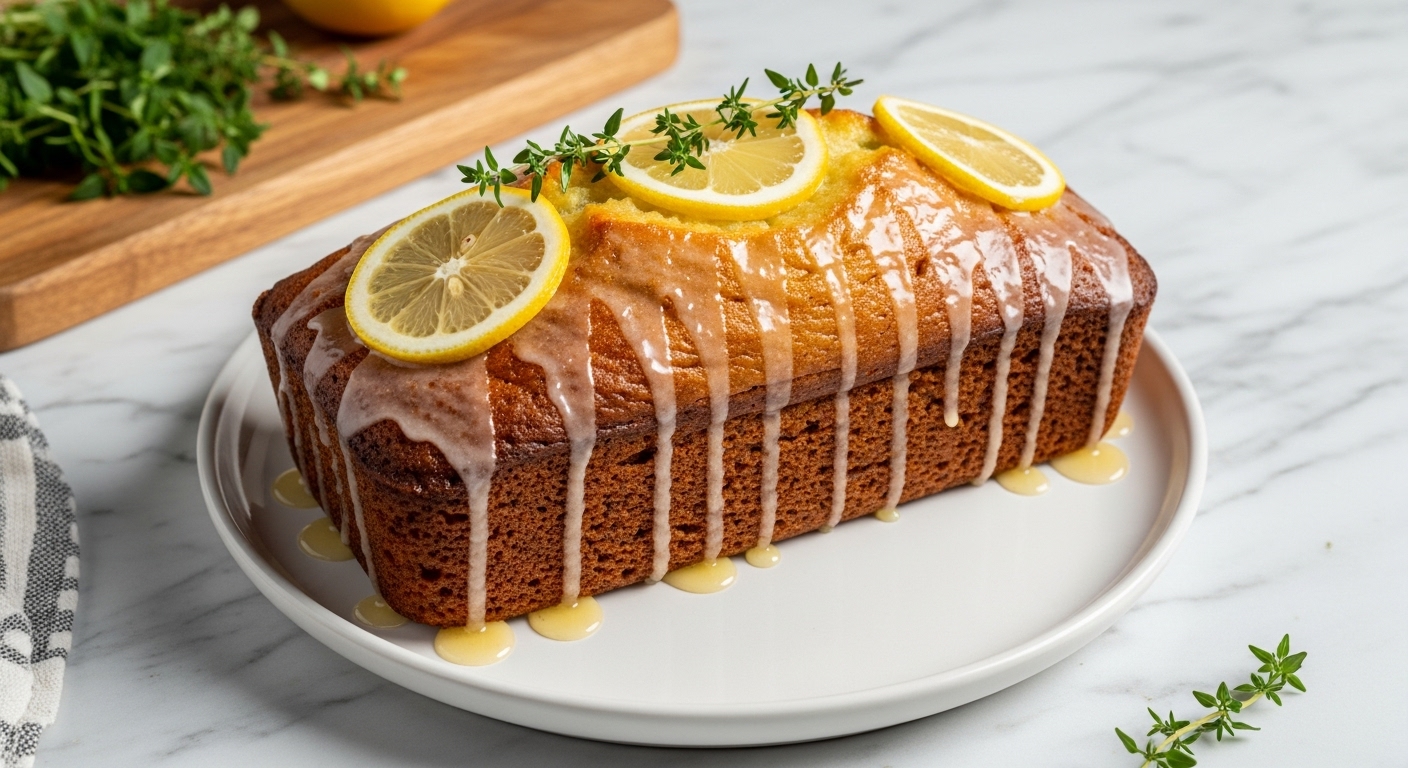 A glorious, freshly baked Healthy Lemon Loaf, beautifully glazed and garnished with thin lemon slices and a sprig of fresh thyme, centered on a minimalist white plate on marble countertops. Natural morning light from the east window casts soft shadows. Fresh herbs are visible in the background, next to the same wooden cutting board. The loaf exhibits a perfectly golden-brown crust and mouth-watering, juicy appearance, creating a clean and tidy presentation. NO HANDS.
