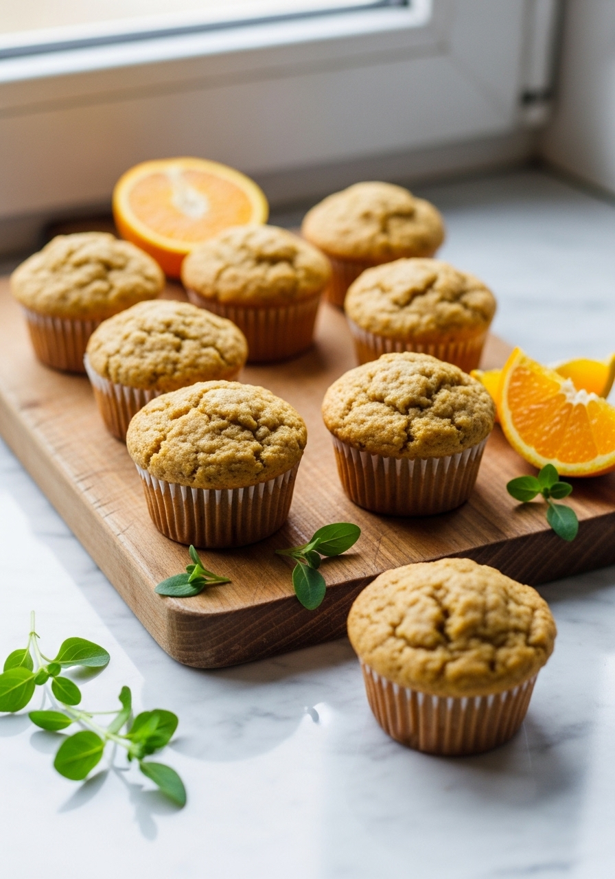 A rustic, inviting shot of several freshly baked Healthy Orange Muffins arranged casually on the same wooden cutting board, with a few fresh orange slices and vibrant green fresh herbs scattered around. The scene is bathed in natural morning light from an east window, highlighting their golden-brown tops and delicate texture, against the soft glow of marble countertops.
