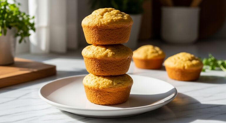 A beautifully plated stack of three golden brown, mouth-watering Healthy Orange Muffins on a minimalist white plate, set on marble countertops with wood accents. Natural morning light streams in from an east window, casting soft shadows. Fresh herbs are visible in the background, adding a touch of green. The overall presentation is clean, tidy, and deliciously appealing, showcasing the muffin's tender crumb.