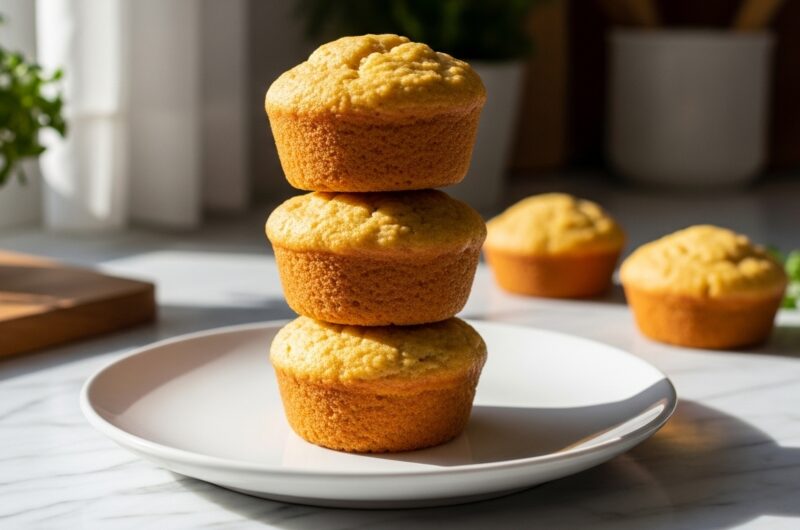 A beautifully plated stack of three golden brown, mouth-watering Healthy Orange Muffins on a minimalist white plate, set on marble countertops with wood accents. Natural morning light streams in from an east window, casting soft shadows. Fresh herbs are visible in the background, adding a touch of green. The overall presentation is clean, tidy, and deliciously appealing, showcasing the muffin's tender crumb.