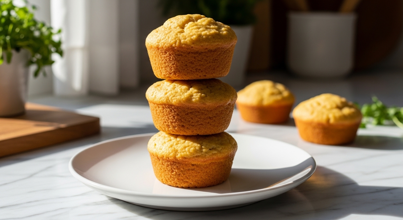A beautifully plated stack of three golden brown, mouth-watering Healthy Orange Muffins on a minimalist white plate, set on marble countertops with wood accents. Natural morning light streams in from an east window, casting soft shadows. Fresh herbs are visible in the background, adding a touch of green. The overall presentation is clean, tidy, and deliciously appealing, showcasing the muffin's tender crumb.