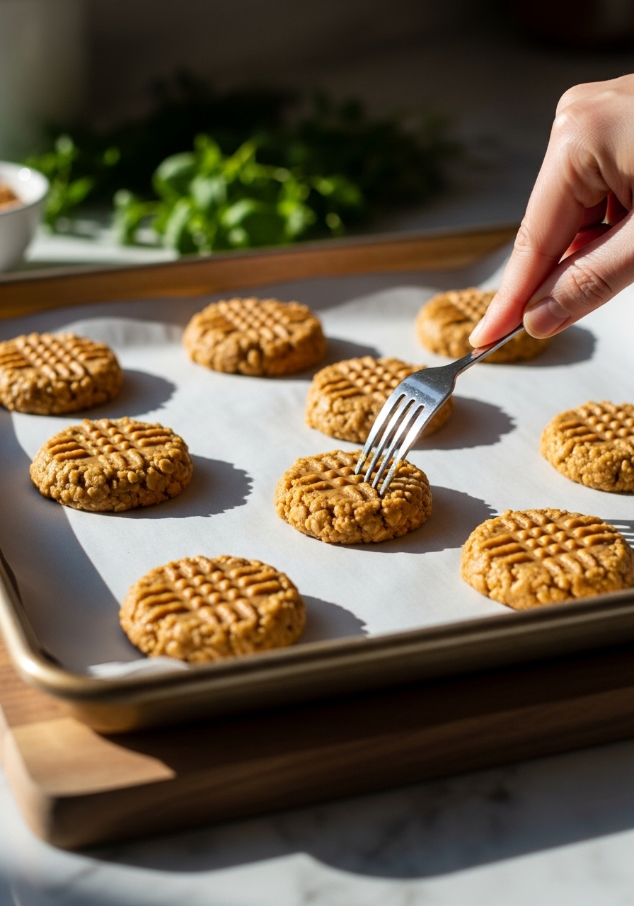 An in-process action shot of unbaked healthy peanut butter oat cookie dough being gently pressed down with the back of a fork to create the signature crosshatch pattern on a parchment-lined baking sheet. The texture of the oats and creamy peanut butter is visible. The baking sheet rests on the wooden cutting board on marble countertops, illuminated by natural morning light with soft shadows and warm tones. Fresh herbs are subtly blurred in the background, maintaining a clean and tidy aesthetic. NO HANDS.