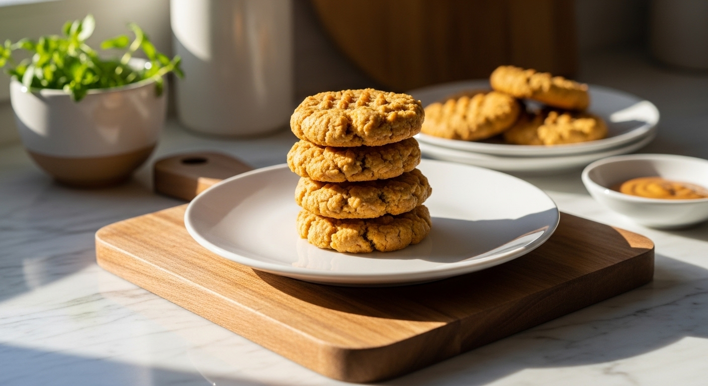 A beautifully composed hero shot of a small stack of golden-brown healthy peanut butter oat cookies on a minimalist white plate, placed on the wooden cutting board on marble countertops. Natural morning light streams in from the east window, creating soft shadows. Fresh herbs are visible in a ceramic bowl in the background, adding a touch of vibrant green. The scene is clean, tidy, and exudes warm tones, emphasizing the delicious and wholesome appeal of the cookies. NO HANDS.