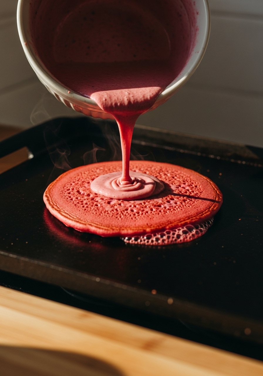 A close-up action shot showing vibrant, naturally colored Healthy Red Velvet Pancake batter being poured from a ceramic bowl onto a hot griddle, creating a perfectly round pancake. The batter sizzles gently, and a few small bubbles are beginning to form. The wooden cutting board is subtly visible in the foreground, with warm tones and soft shadows from the natural morning light. No hands are visible, focusing solely on the cooking process in the brand's signature kitchen.