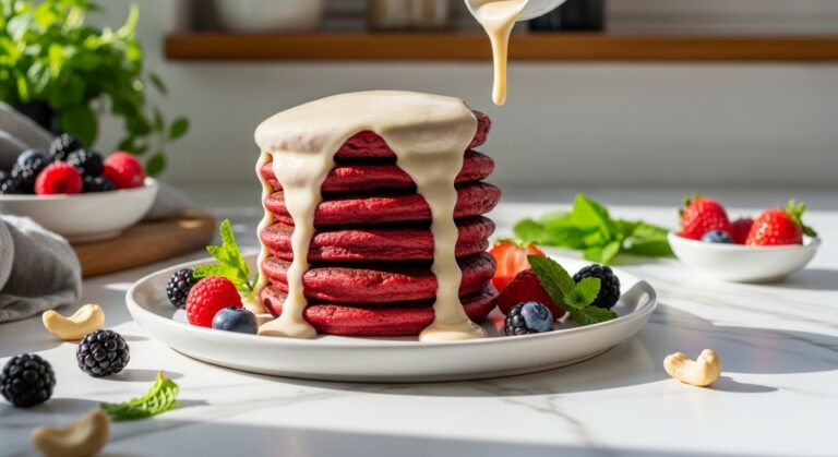 A beautifully composed hero shot of a stack of fluffy, vibrant Healthy Red Velvet Pancakes on a minimalist white plate, drizzled generously with creamy cashew frosting. Fresh berries and a sprig of mint are scattered artfully around. The scene is bathed in natural morning light from an east window, highlighting soft shadows. The marble countertop with subtle wood accents and fresh herbs in the background are visible, creating a warm, clean, and tidy presentation without any hands.