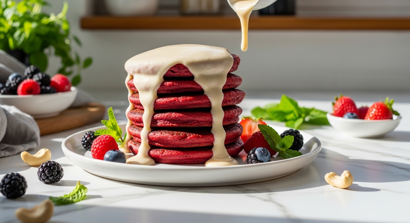 A beautifully composed hero shot of a stack of fluffy, vibrant Healthy Red Velvet Pancakes on a minimalist white plate, drizzled generously with creamy cashew frosting. Fresh berries and a sprig of mint are scattered artfully around. The scene is bathed in natural morning light from an east window, highlighting soft shadows. The marble countertop with subtle wood accents and fresh herbs in the background are visible, creating a warm, clean, and tidy presentation without any hands.