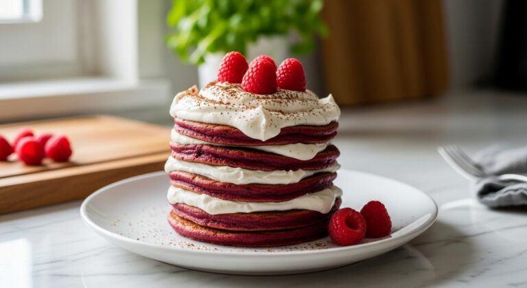 A beautifully composed 16:9 shot of a stack of healthy red velvet pancakes, generously topped with fluffy whipped coconut cream, a sprinkle of cocoa powder, and a few fresh raspberries. The stack sits on a minimalist white plate, placed on marble countertops, with the wooden cutting board visible in the background. Natural morning light streams in from the east window, creating soft shadows. Fresh green herbs are subtly blurred in the background, adding a touch of freshness. The scene is clean, tidy, warm-toned, and exudes an inviting, delicious appeal.