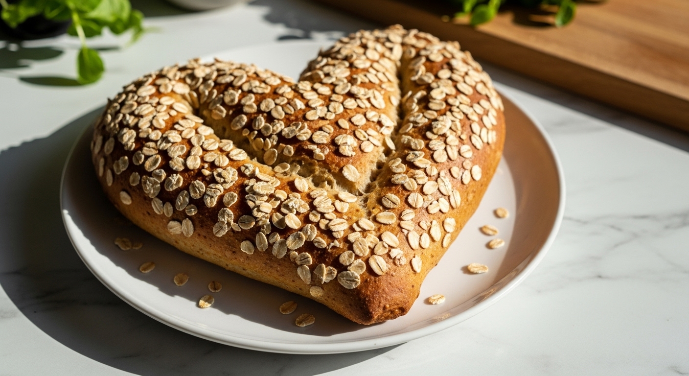 A beautifully baked, rustic golden brown Heart Shaped Whole Wheat Bread, generously topped with rolled oats, artfully arranged on a minimalist white plate on marble countertops. Soft natural morning light from an east window casts gentle shadows. A few fresh herbs are visible in the background, near a wooden cutting board, with warm tones. No hands.