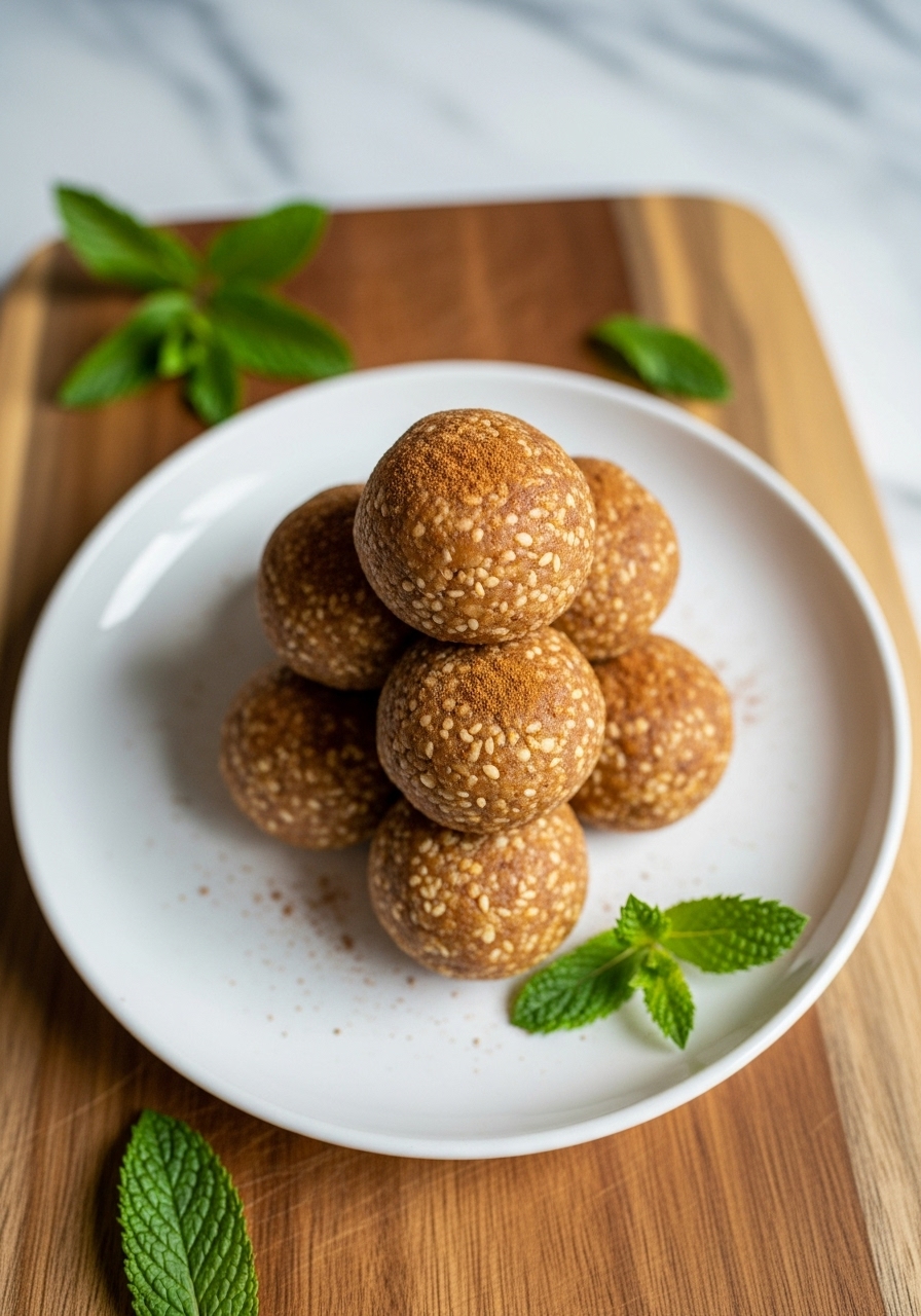 A slightly overhead 3:4 shot of a small pyramid of High-Protein Apple Butter Energy Bites on a minimalist white plate, showcasing their rustic texture and a light dusting of cinnamon. The plate sits on the wooden cutting board, with fresh mint leaves artfully scattered around. Natural morning light highlights the warm tones and soft shadows on the marble countertop in the background.