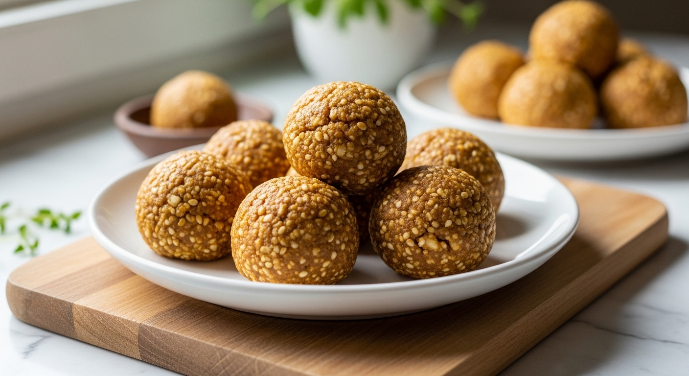 A beautifully composed 16:9 shot of several golden brown High-Protein Apple Butter Energy Bites artfully arranged on a minimalist white plate, resting on the wooden cutting board. Natural morning light streams from the east window, casting soft shadows. Fresh herbs are subtly visible in the background, adding a touch of green. The marble countertop provides a clean, warm backdrop, emphasizing the bites' delicious and appealing texture with warm tones.