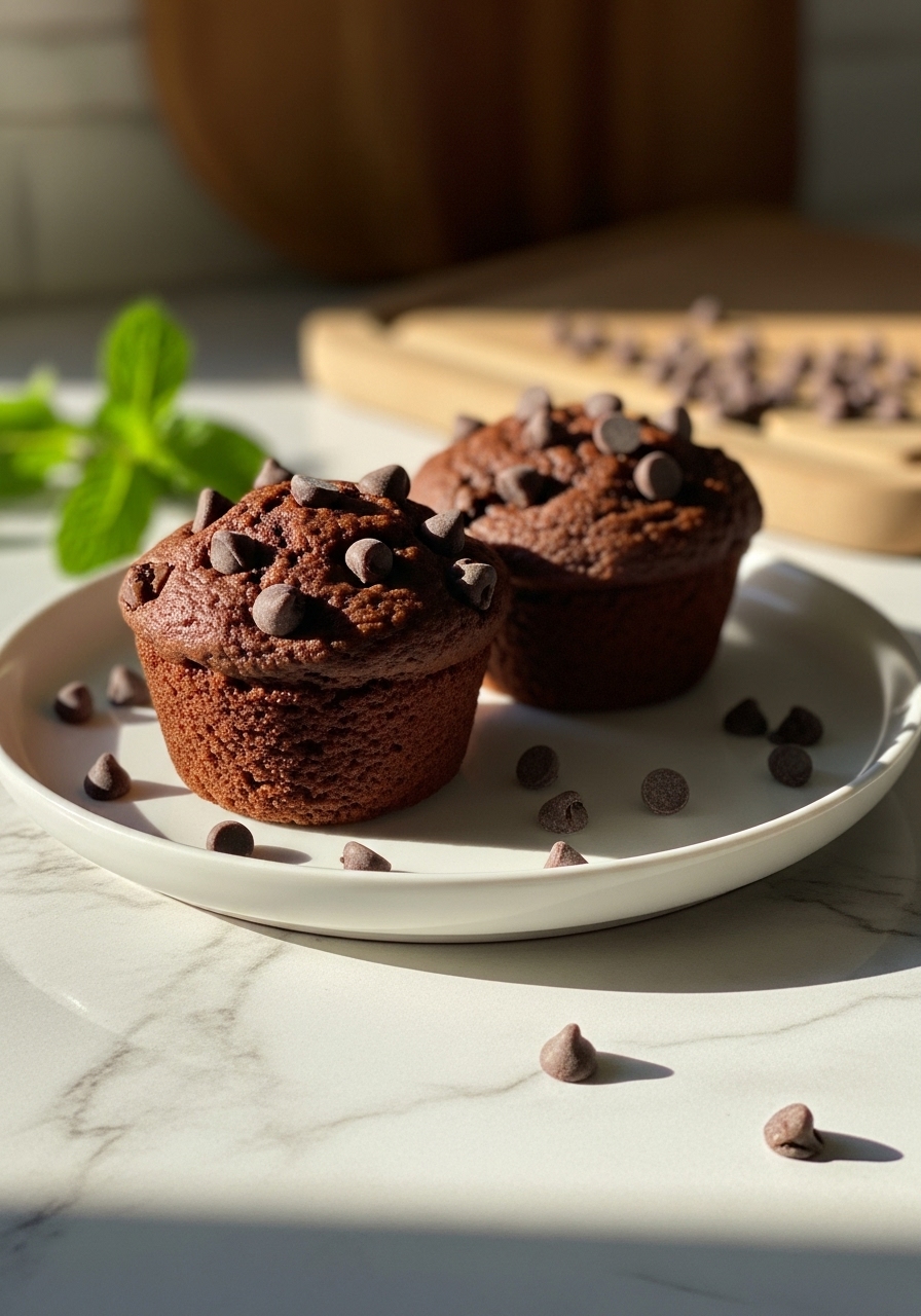 A delicious close-up, side-angle shot of two High Protein Chocolate Muffins on a minimalist white plate, showcasing their moist, tender crumb and scattered sugar-free chocolate chips. The plate rests on light marble countertops, illuminated by natural morning light, with warm tones and soft shadows. Fresh mint leaves are visible nearby, and the familiar wooden cutting board is subtly in the background.