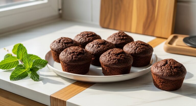A beautifully arranged spread of freshly baked, mouth-watering High Protein Chocolate Muffins on a minimalist white plate, placed on light marble countertops with a subtle wooden accent. The scene is bathed in soft natural morning light from an east window, casting warm tones and gentle shadows. A sprig of fresh mint is artfully placed beside the plate, with the recognizable wooden cutting board partially visible in the background, clean and tidy presentation.