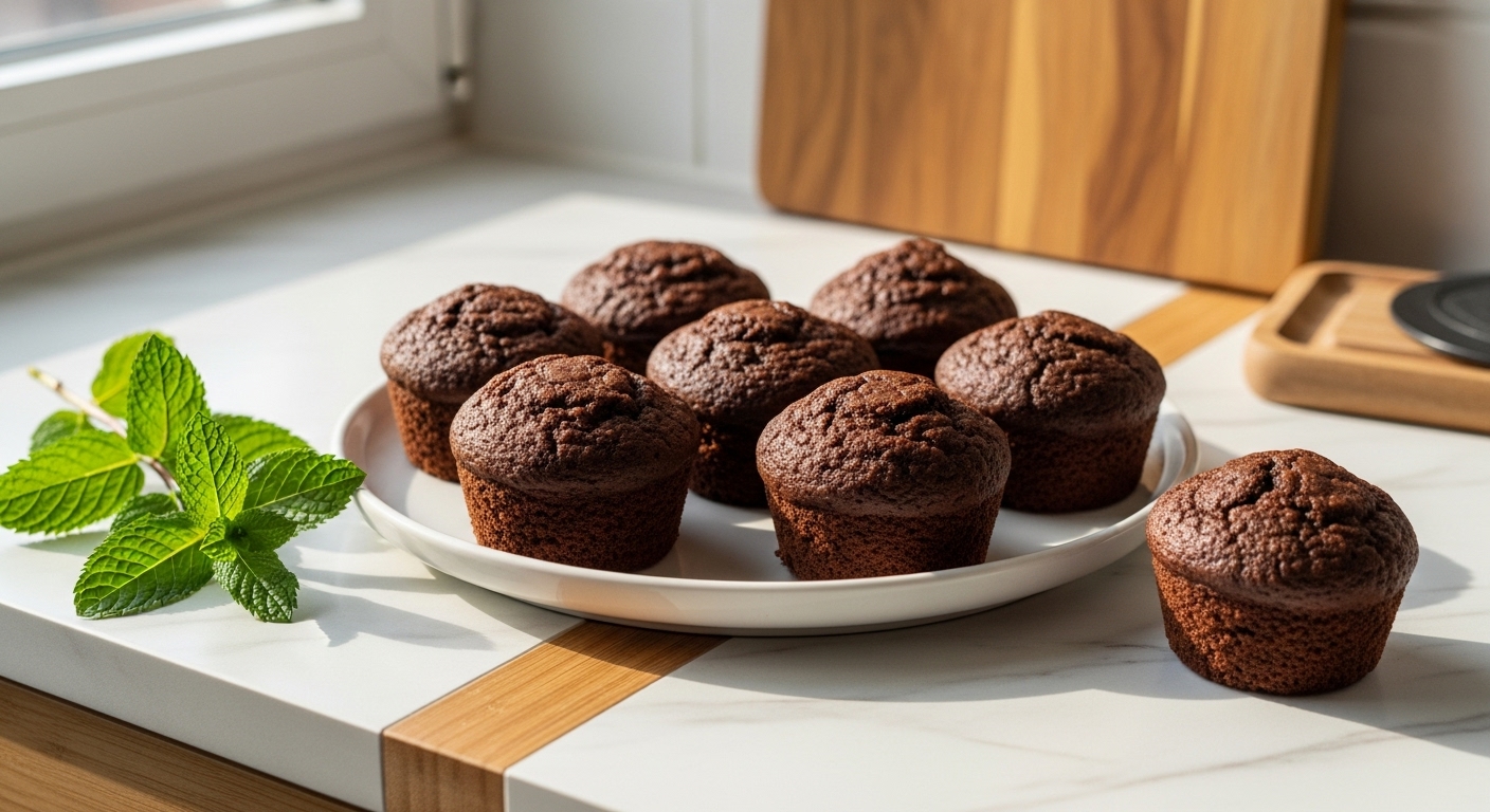 A beautifully arranged spread of freshly baked, mouth-watering High Protein Chocolate Muffins on a minimalist white plate, placed on light marble countertops with a subtle wooden accent. The scene is bathed in soft natural morning light from an east window, casting warm tones and gentle shadows. A sprig of fresh mint is artfully placed beside the plate, with the recognizable wooden cutting board partially visible in the background, clean and tidy presentation.